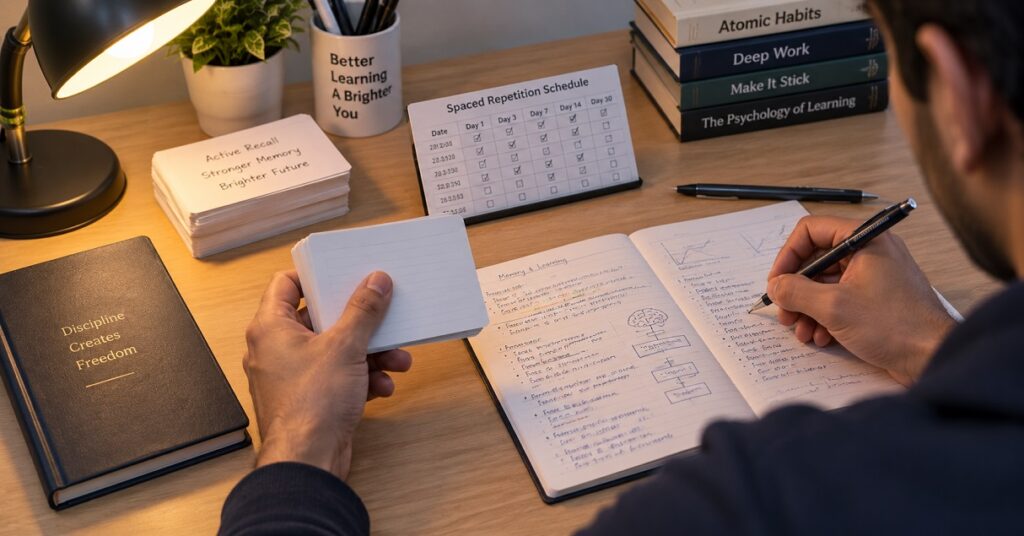 How to learn faster and remember more — 5 proven science-based methods covering spaced repetition active recall interleaving sleep consolidation and the testing effect for students.
